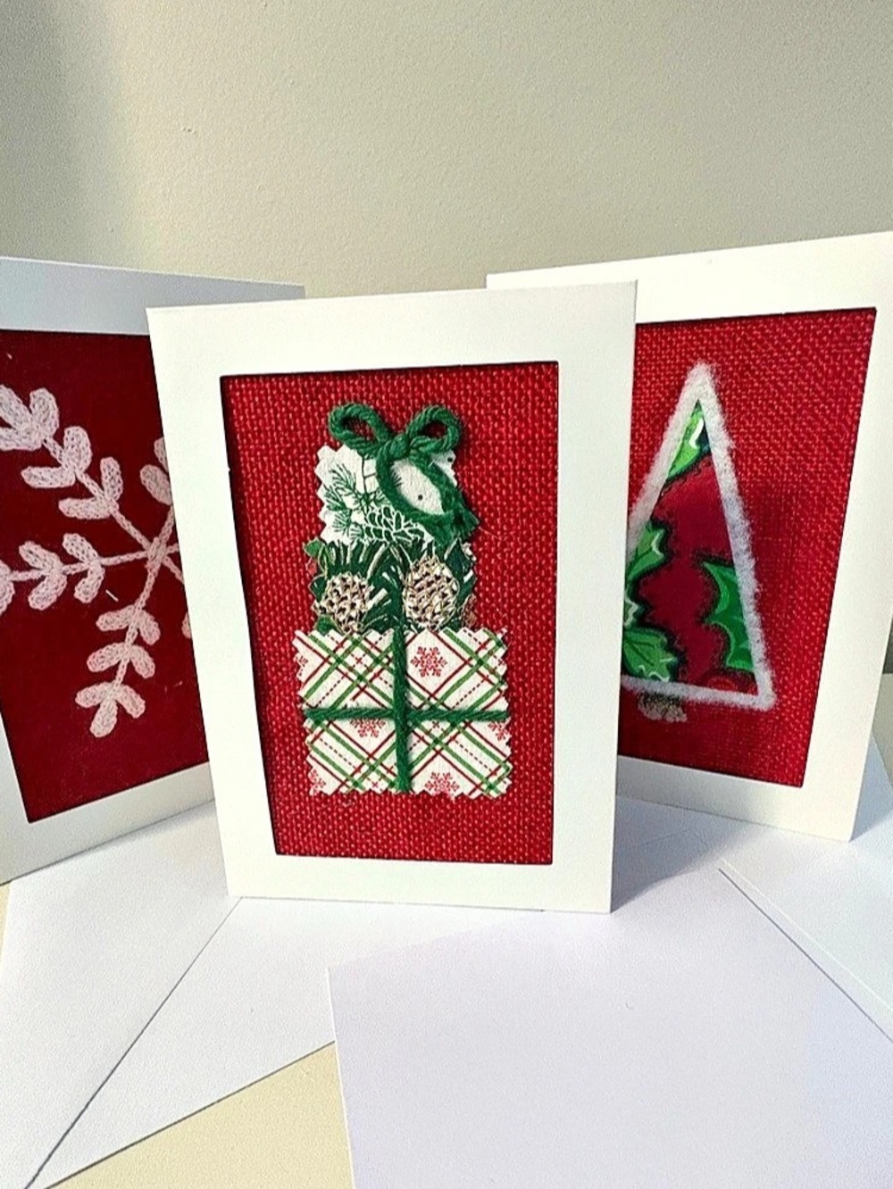 Handmade Holiday Cards / Embroidery/ Vintage and Reclaimed fabrics